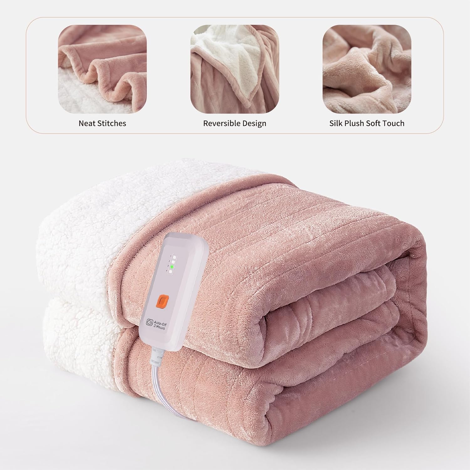 GOTCOZY Heated Blanket Electric Throw 50''X60''- Soft Silky Plush Electric Blanket with 4 Heating Level & 3 Hour Auto Off Heating Blanket, ETL Certified Machine Washable (Rose Dust) - Grand Goldman