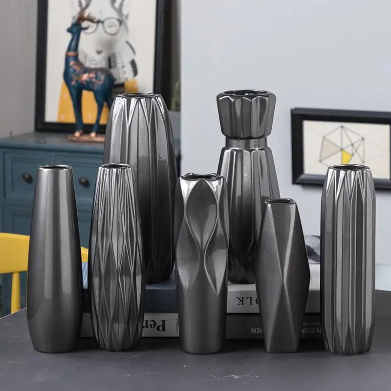 GOTHAM Modern Black Ceramic Tabletop Urns Flowerpot Vase Handmade Geometric Design Living Room Home Creative Wedding Decoration Amphora - Grand Goldman