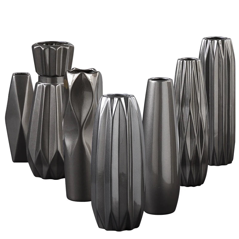GOTHAM Modern Black Ceramic Tabletop Urns Flowerpot Vase Handmade Geometric Design Living Room Home Creative Wedding Decoration Amphora - Grand Goldman