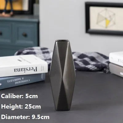 GOTHAM Modern Black Ceramic Tabletop Urns Flowerpot Vase Handmade Geometric Design Living Room Home Creative Wedding Decoration Amphora - Grand Goldman