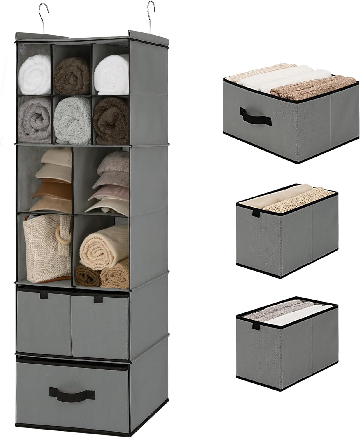 GRANNY SAYS Hanging Closet Organizer 6 Shelves, Closet Organization and Storage with 5 Different Drawers, 6 Side Pockets Wardrobe Clothes Organizer for Closet, Gray, 1-Pack - Grand Goldman