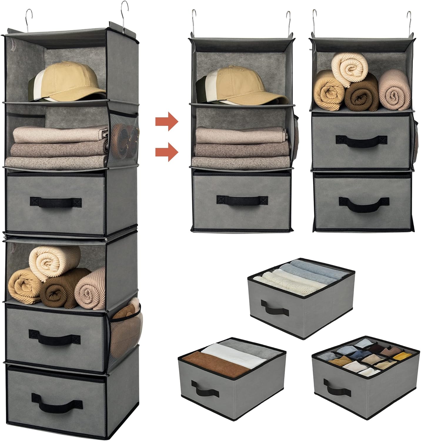 GRANNY SAYS Hanging Closet Organizer 6 Shelves, Closet Organization and Storage with 5 Different Drawers, 6 Side Pockets Wardrobe Clothes Organizer for Closet, Gray, 1-Pack - Grand Goldman