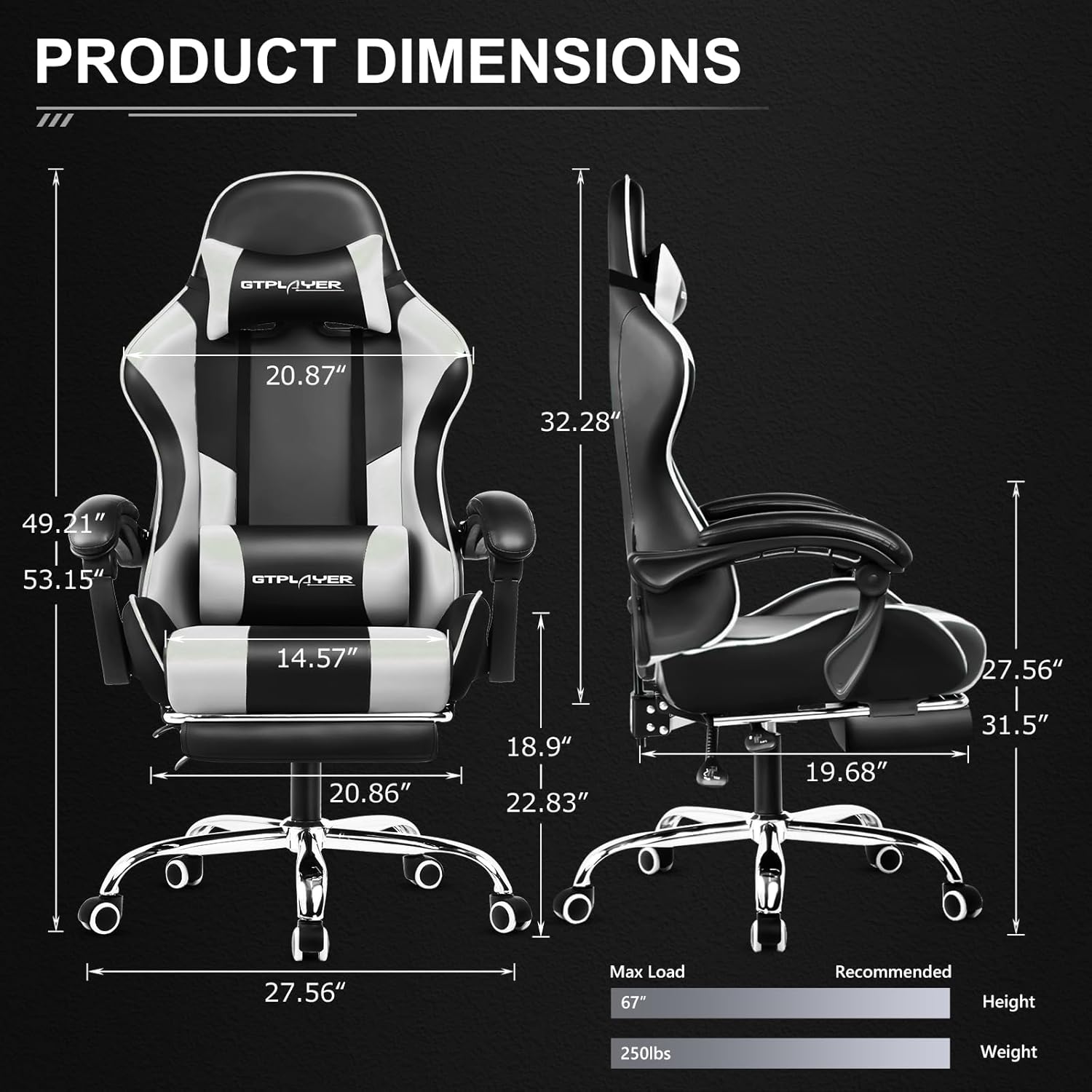 GTPLAYER Gaming Chair, Computer Chair with Footrest and Lumbar Support, Height Adjustable Game Chair with 360°-Swivel Seat and Headrest and for Office or Gaming (White) - Grand Goldman