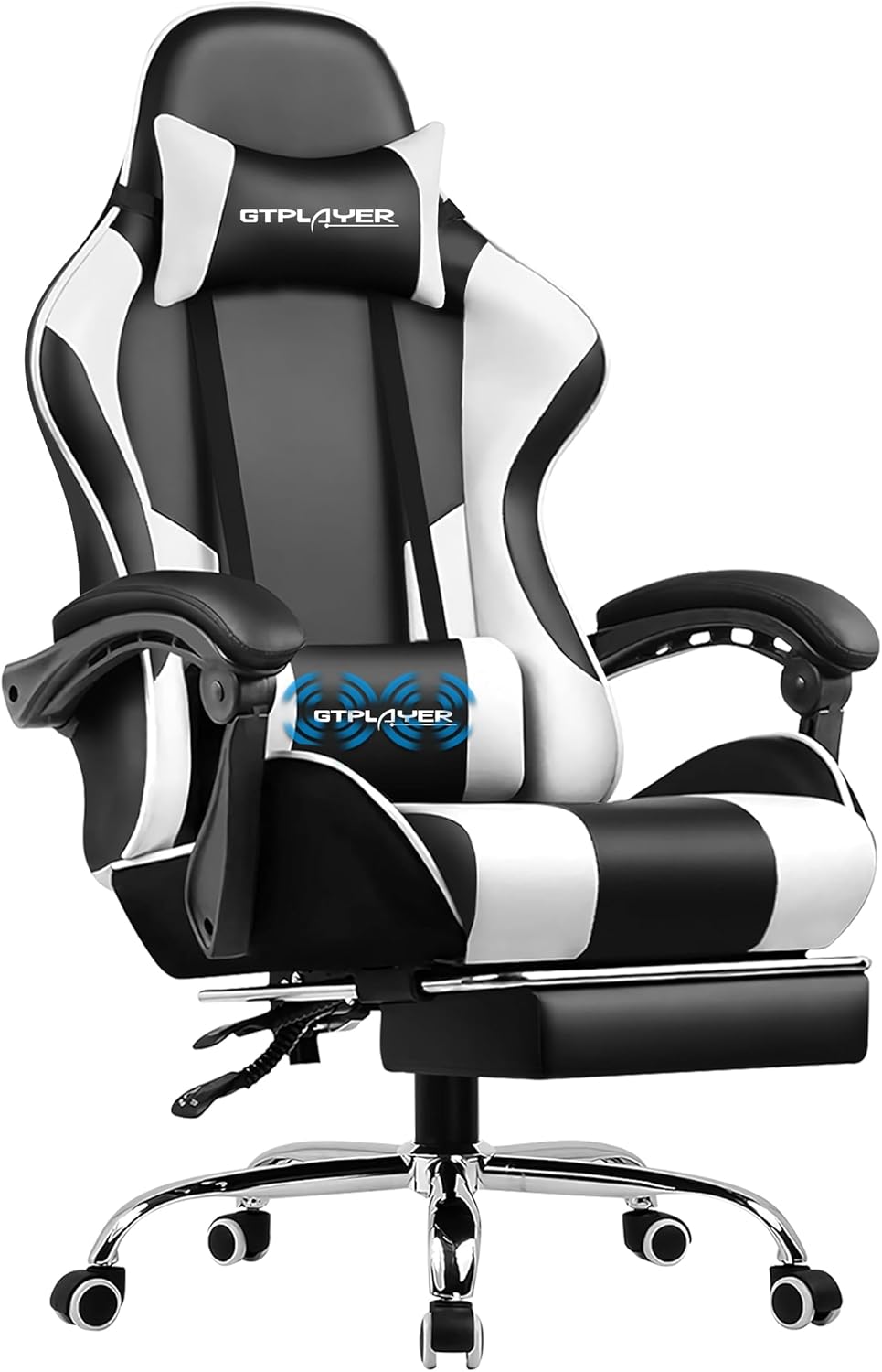 GTPLAYER Gaming Chair, Computer Chair with Footrest and Lumbar Support, Height Adjustable Game Chair with 360°-Swivel Seat and Headrest and for Office or Gaming (White) - Grand Goldman