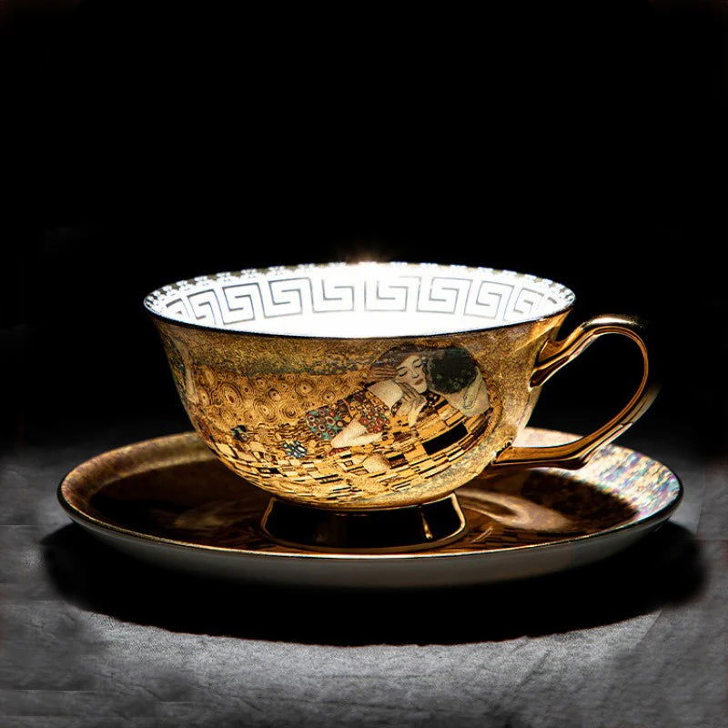 GUSTAV KLIMT Bone China Elegant Bone China Coffee Mug Set Luxurious Hand-Painted European Drinkware White and Gold Coffee/Tea Cups with Saucers Perfect Gift for Home Office Cafe Restaurant Leisure Bar Tea House - Birthday Mother Fathers Wedding Present - Grand Goldman