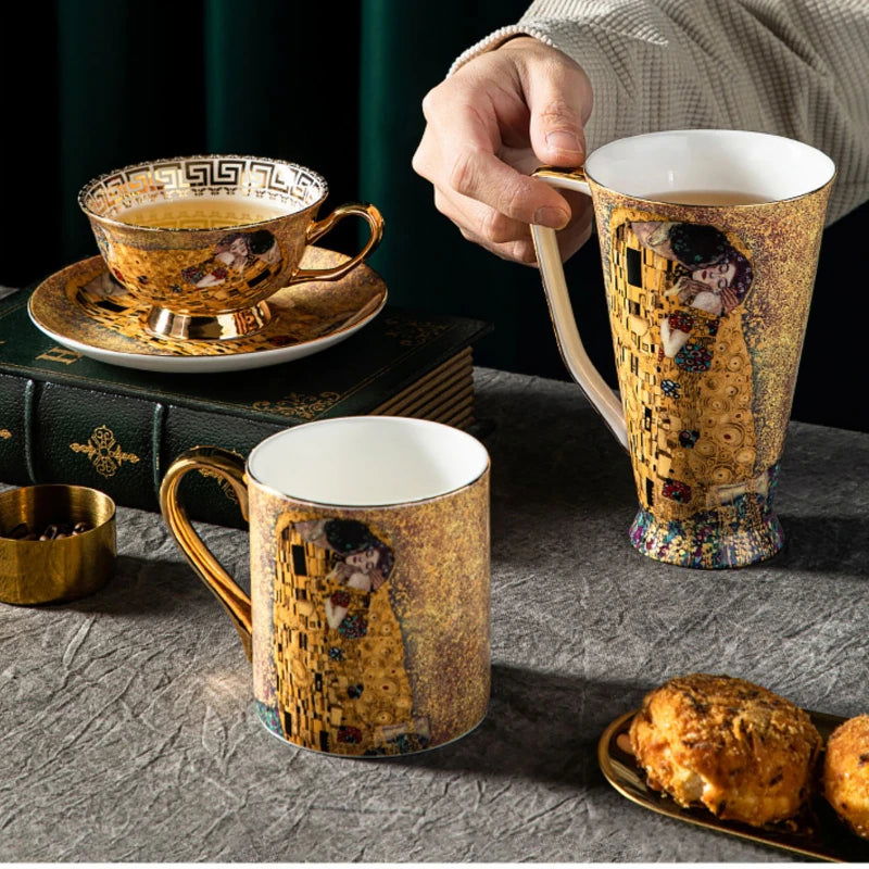 GUSTAV KLIMT Bone China Elegant Bone China Coffee Mug Set Luxurious Hand-Painted European Drinkware White and Gold Coffee/Tea Cups with Saucers Perfect Gift for Home Office Cafe Restaurant Leisure Bar Tea House - Birthday Mother Fathers Wedding Present - Grand Goldman