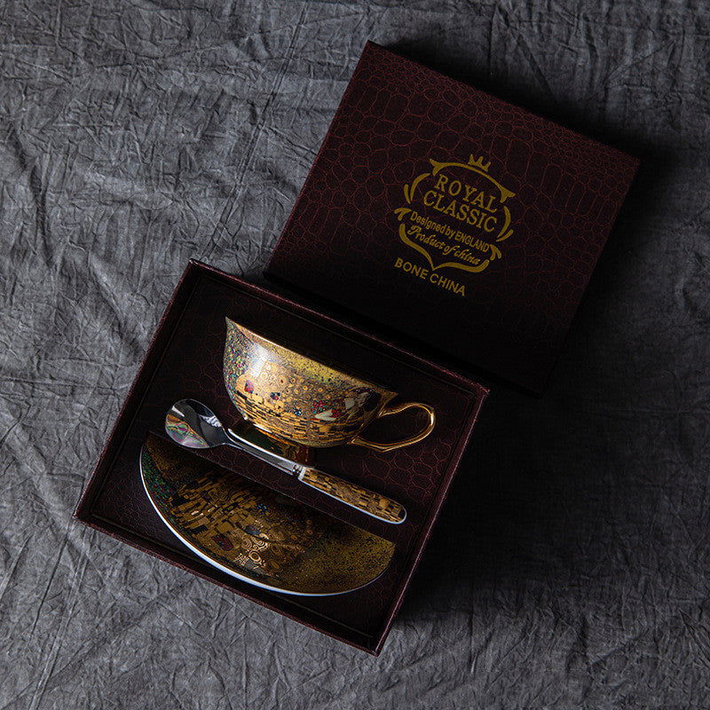GUSTAV KLIMT English Bone China Vintage Coffee Cup And Saucer Set Japnese Tea Ceremony Gift Package for Mother Dad Father Birthday Valentines Wedding - Grand Goldman