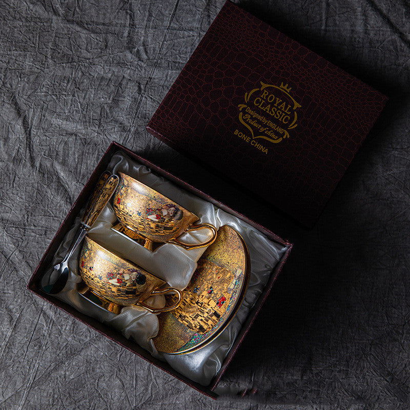 GUSTAV KLIMT English Bone China Vintage Coffee Cup And Saucer Set Japnese Tea Ceremony Gift Package for Mother Dad Father Birthday Valentines Wedding - Grand Goldman