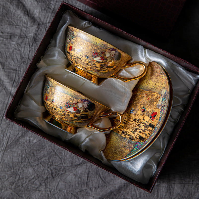 GUSTAV KLIMT English Bone China Vintage Coffee Cup And Saucer Set Japnese Tea Ceremony Gift Package for Mother Dad Father Birthday Valentines Wedding - Grand Goldman