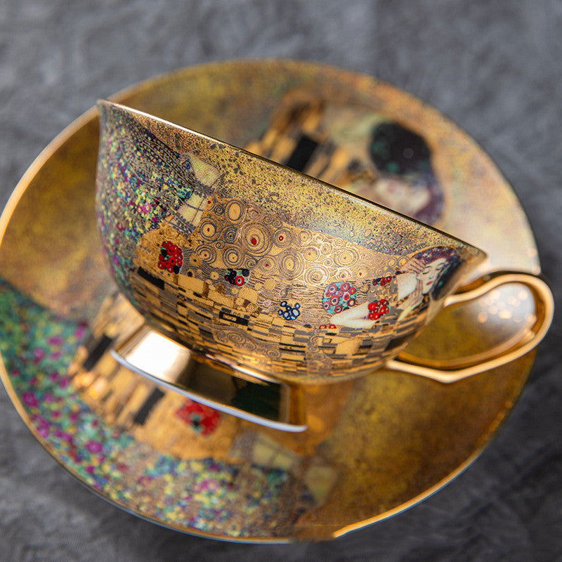 GUSTAV KLIMT English Bone China Vintage Coffee Cup And Saucer Set Japnese Tea Ceremony Gift Package for Mother Dad Father Birthday Valentines Wedding - Grand Goldman