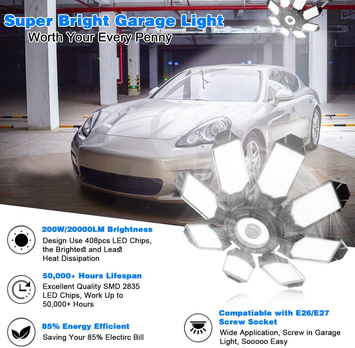 Garage Light - 40000LM Super Bright 6500K Garage Lights Ceiling Led w/ 8 Deformable Panels Compatible for E26/E27 Garage Light Socket Applicable for Garage Barn Warehouse Attic - 2Pack - Grand Goldman