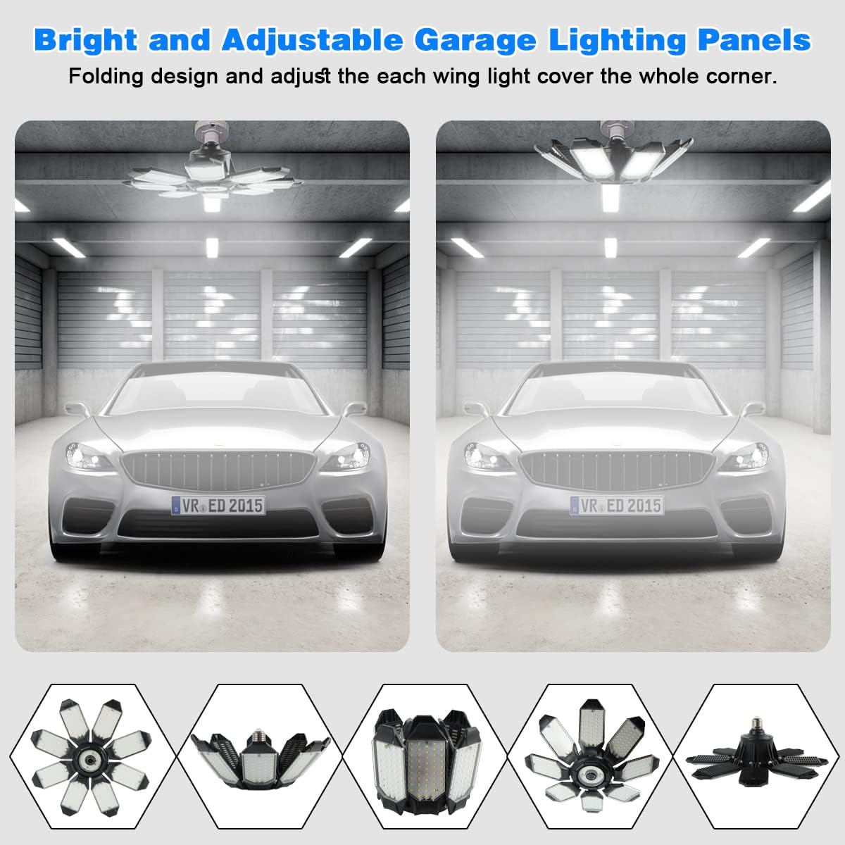 Garage Light - 40000LM Super Bright 6500K Garage Lights Ceiling Led w/ 8 Deformable Panels Compatible for E26/E27 Garage Light Socket Applicable for Garage Barn Warehouse Attic - 2Pack - Grand Goldman