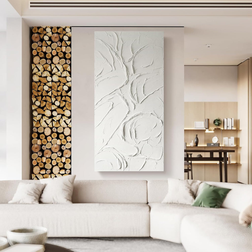 GeekMacro Abstract Textured Wall Art Hand Painted White Canvas Modern Oil Painting 58x29 Contemporary Minimalist Large Artwork Horizontal/Vertical Wall Decor - Grand Goldman