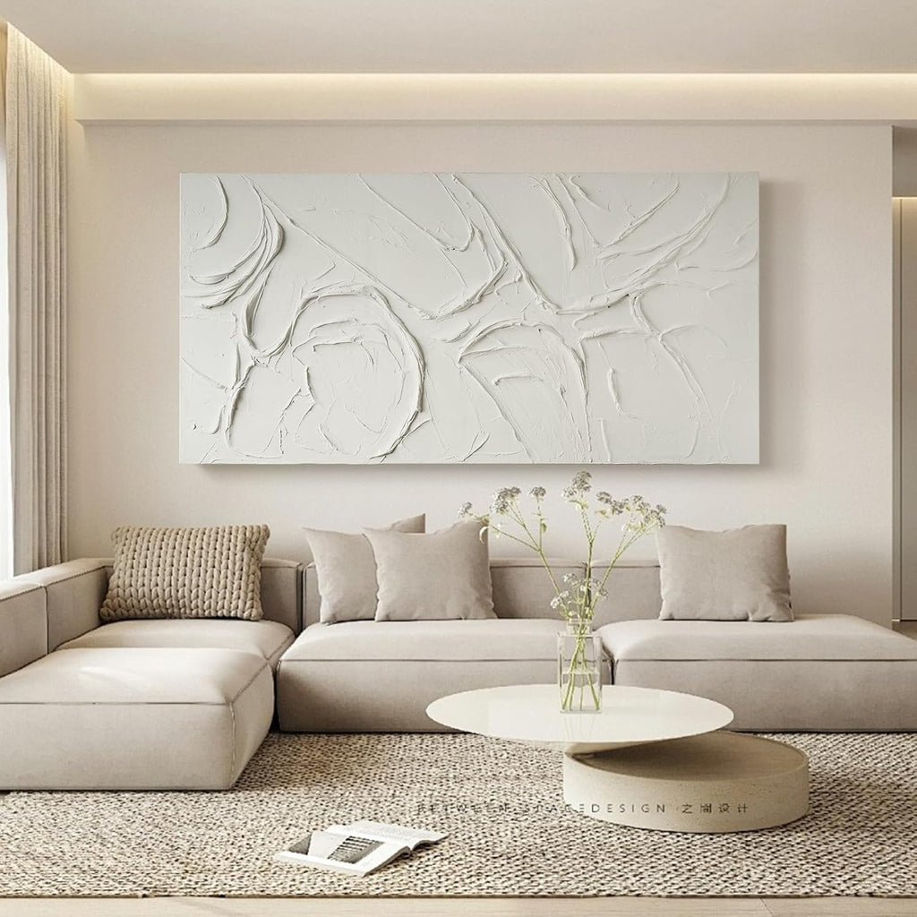 GeekMacro Abstract Textured Wall Art Hand Painted White Canvas Modern Oil Painting 58x29 Contemporary Minimalist Large Artwork Horizontal/Vertical Wall Decor - Grand Goldman