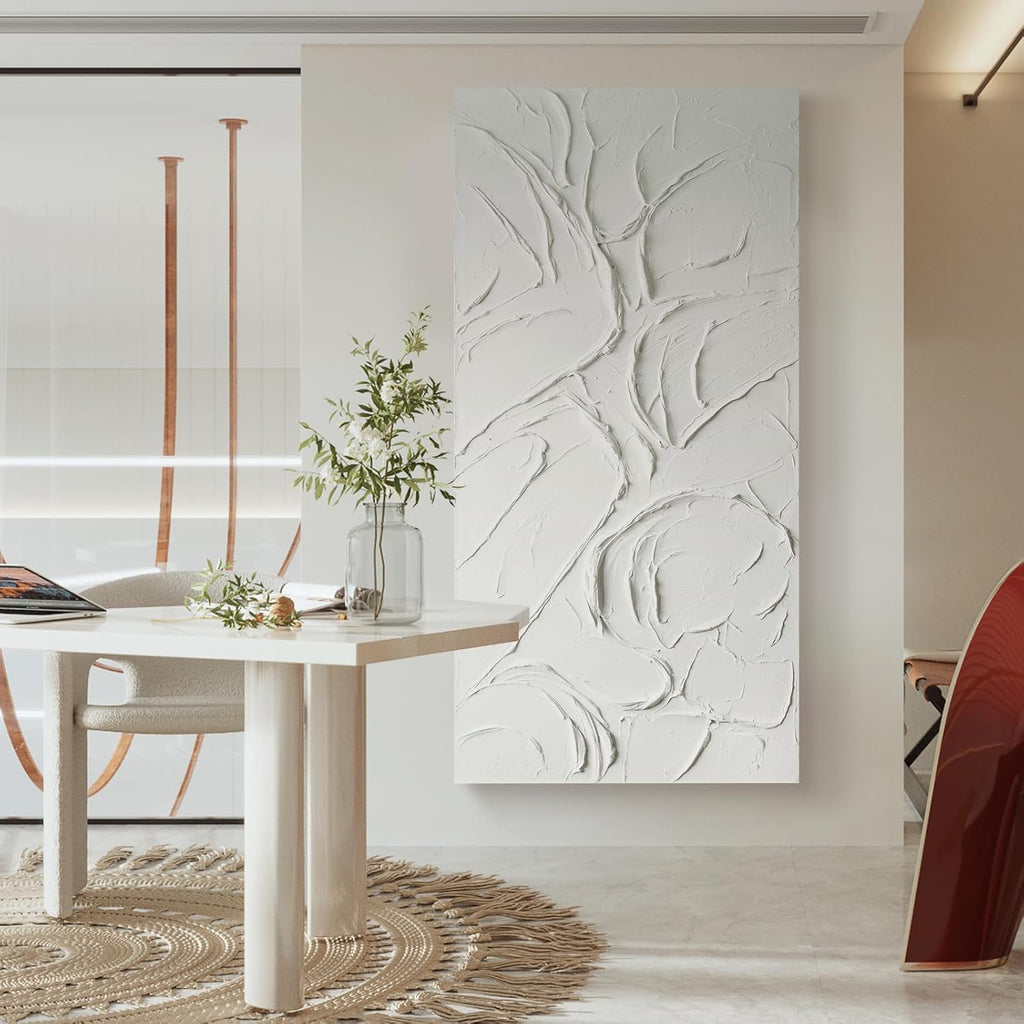 GeekMacro Abstract Textured Wall Art Hand Painted White Canvas Modern Oil Painting 58x29 Contemporary Minimalist Large Artwork Horizontal/Vertical Wall Decor - Grand Goldman