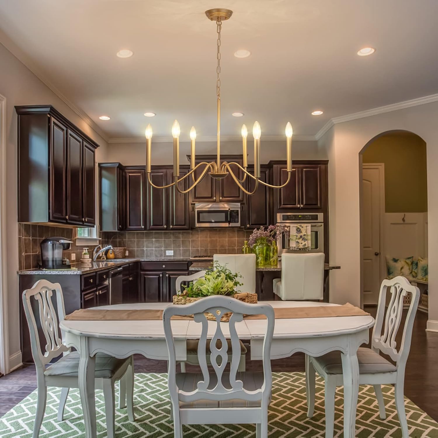 Generies Antique Spray Gold Farmhouse Chandelier, 6 Light Rustic Lighting Fixture Modern Industrial Candle Ceiling Light for Dining Room, Bedroom, Foyer, Living Room, Kitchen Island, Entryway - Grand Goldman