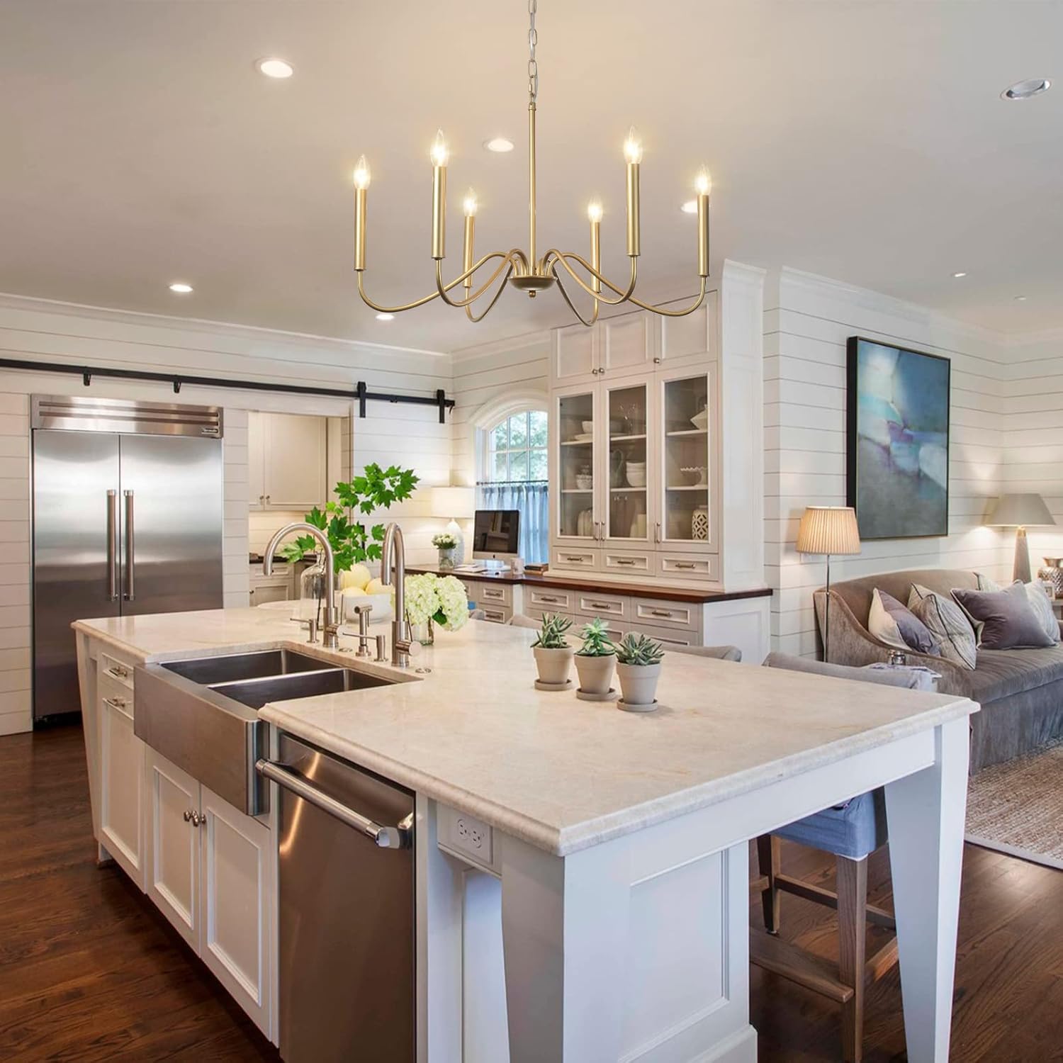 Generies Antique Spray Gold Farmhouse Chandelier, 6 Light Rustic Lighting Fixture Modern Industrial Candle Ceiling Light for Dining Room, Bedroom, Foyer, Living Room, Kitchen Island, Entryway - Grand Goldman