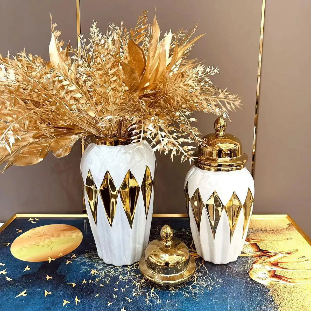 Geometric Diamond Check Gold Storage Jar Ceramic Checkmate Jar Vase Handicraft Decoration Vintage Bottle General Can Ginger Jar - Grand Goldman