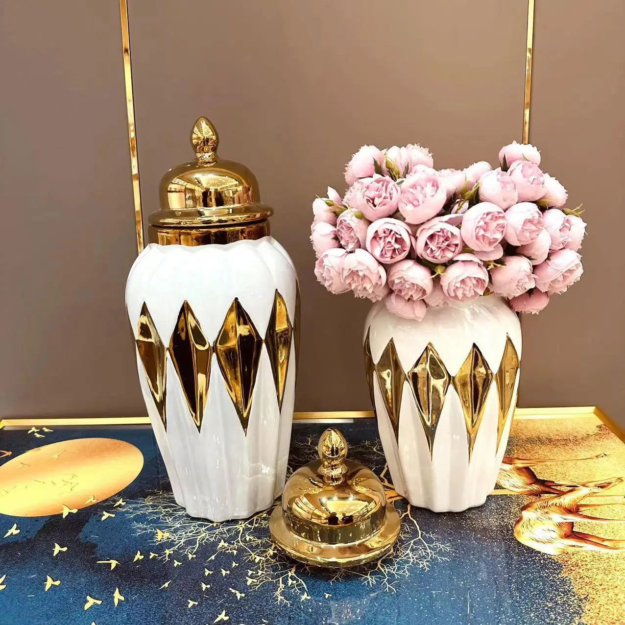 Geometric Diamond Check Gold Storage Jar Ceramic Checkmate Jar Vase Handicraft Decoration Vintage Bottle General Can Ginger Jar - Grand Goldman