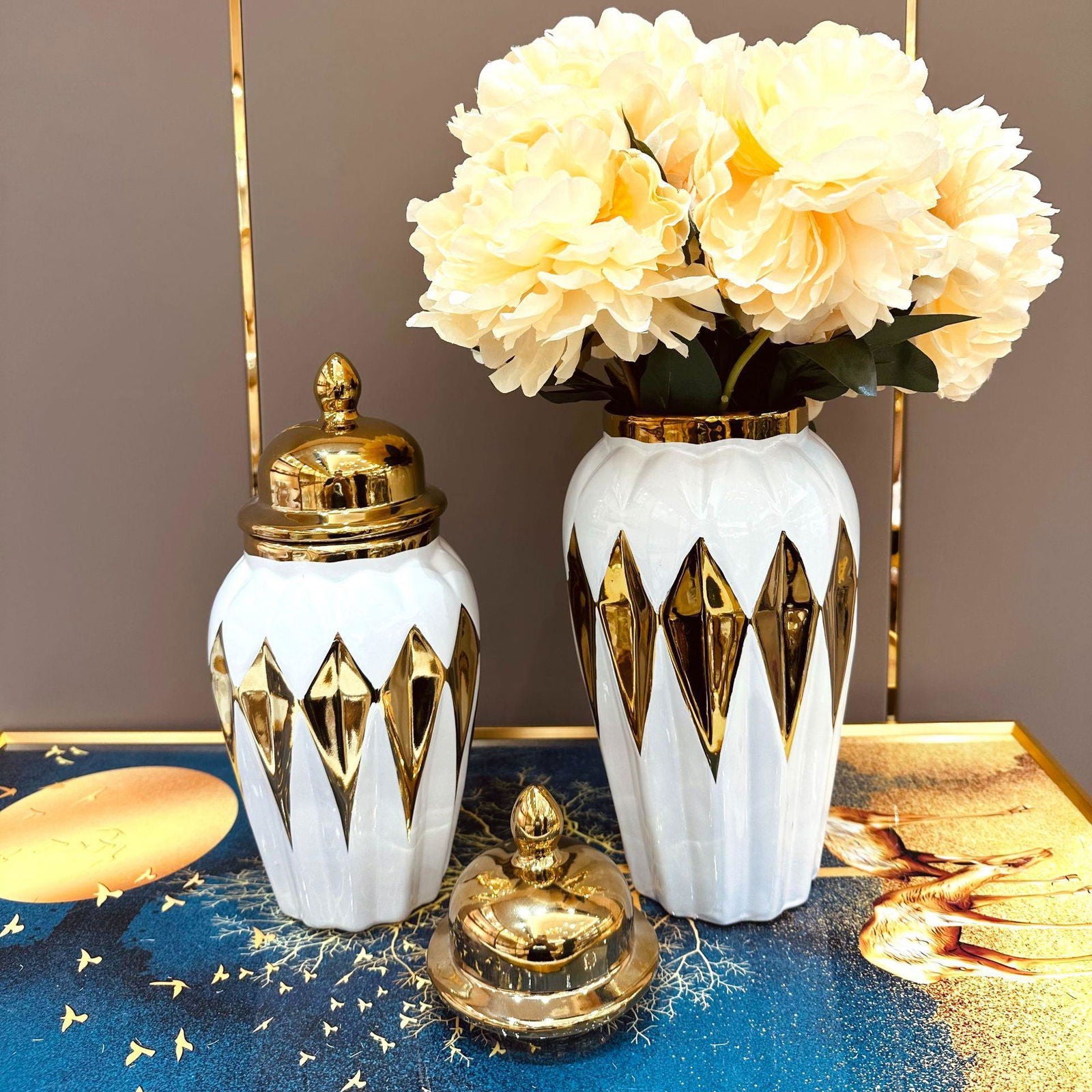 Geometric Diamond Check Gold Storage Jar Ceramic Checkmate Jar Vase Handicraft Decoration Vintage Bottle General Can Ginger Jar - Grand Goldman