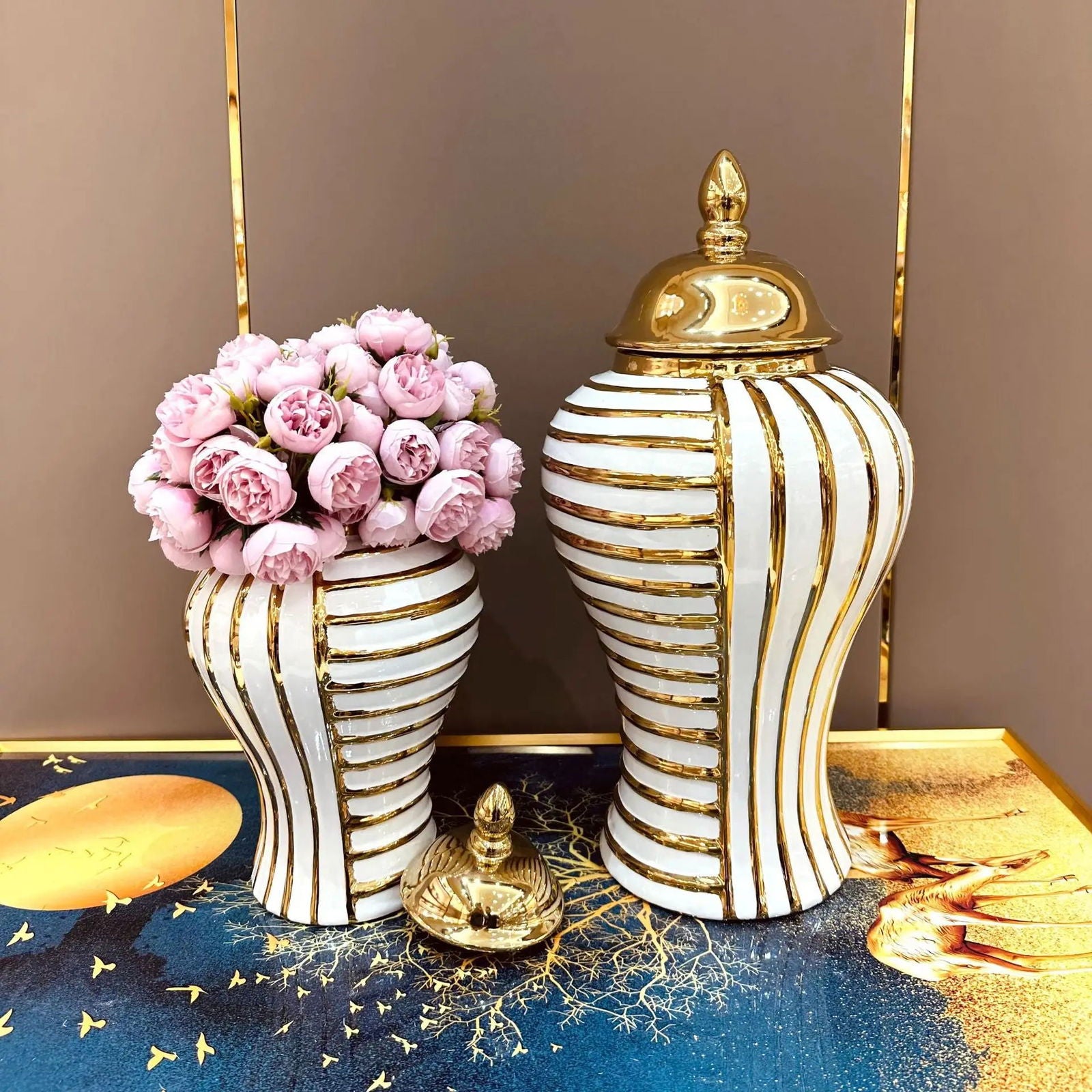 Geometric Transverse Fringe Golden Ginger Jar Ceramic Storage Tank General Can Floral Arrangement Accessories Home Decoration - Grand Goldman