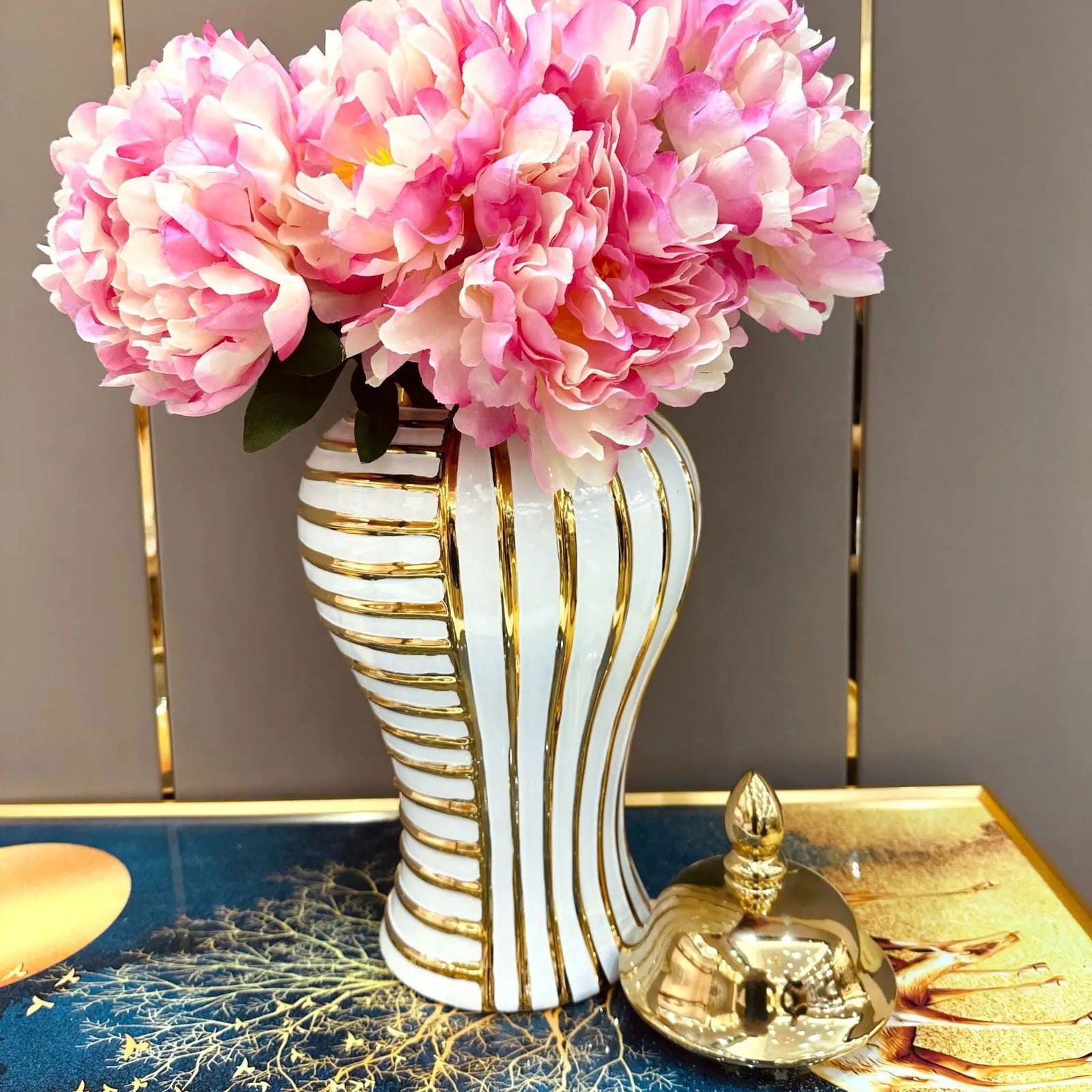 Geometric Transverse Fringe Golden Ginger Jar Ceramic Storage Tank General Can Floral Arrangement Accessories Home Decoration - Grand Goldman