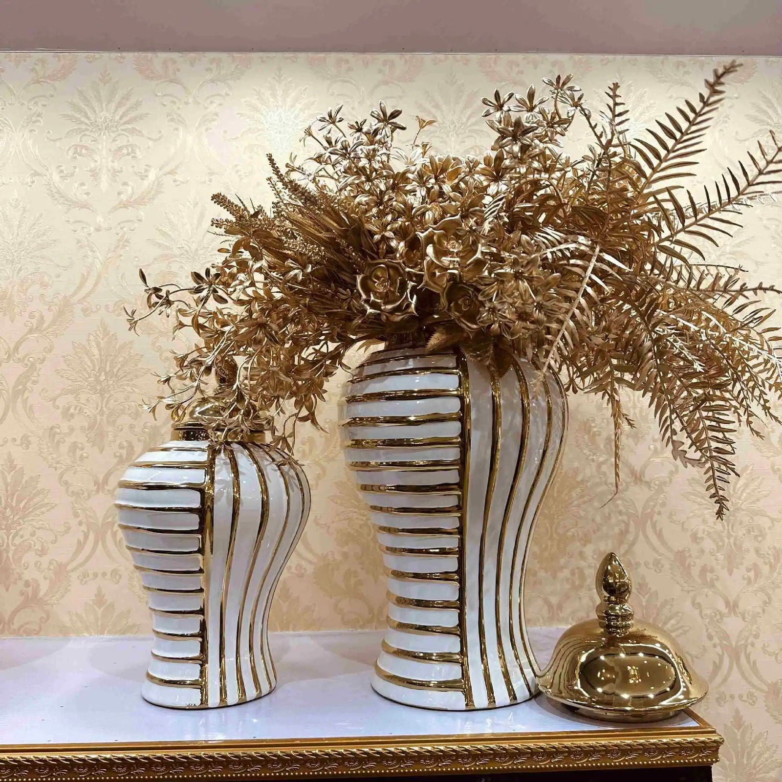 Geometric Transverse Fringe Golden Ginger Jar Ceramic Storage Tank General Can Floral Arrangement Accessories Home Decoration - Grand Goldman
