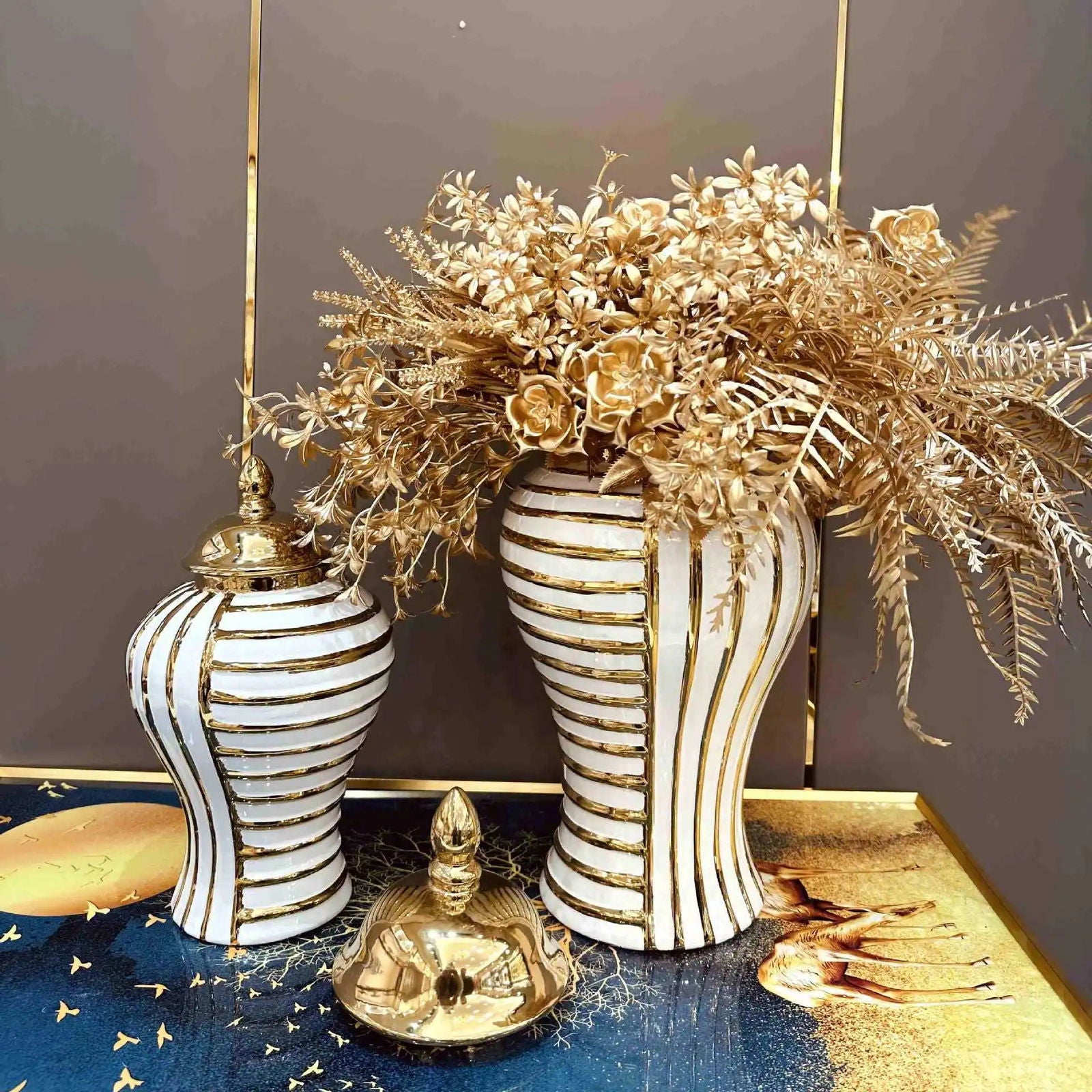 Geometric Transverse Fringe Golden Ginger Jar Ceramic Storage Tank General Can Floral Arrangement Accessories Home Decoration - Grand Goldman