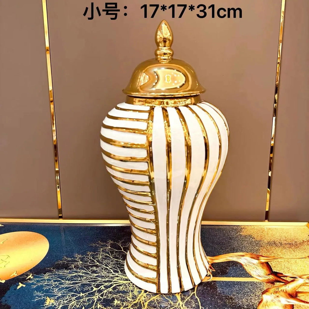 Geometric Transverse Fringe Golden Ginger Jar Ceramic Storage Tank General Can Floral Arrangement Accessories Home Decoration - Grand Goldman