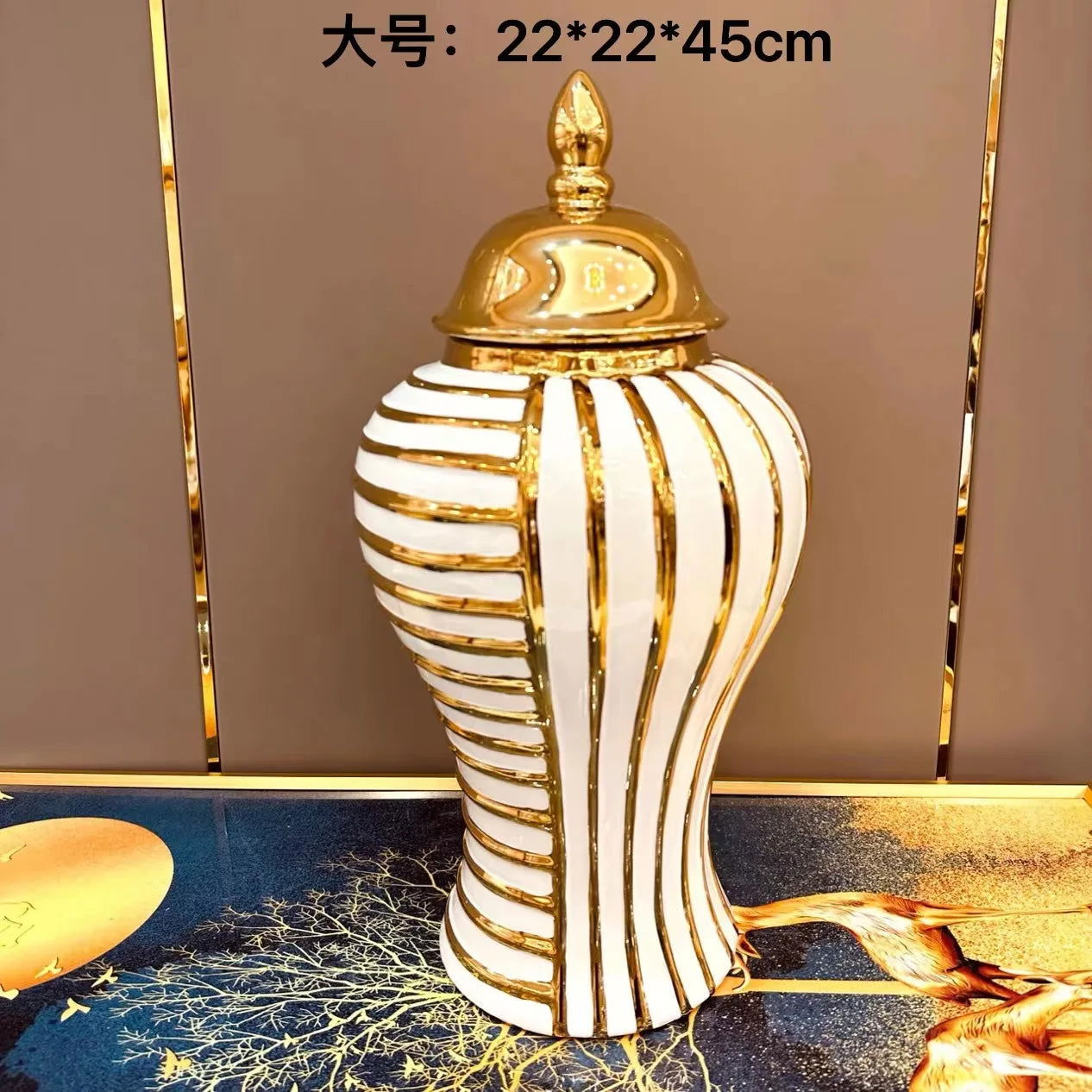 Geometric Transverse Fringe Golden Ginger Jar Ceramic Storage Tank General Can Floral Arrangement Accessories Home Decoration - Grand Goldman
