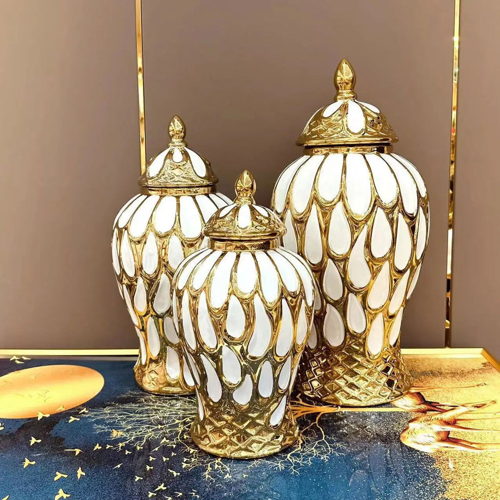 Geometric Transverse Fringe Golden Ginger Jar Ceramic Storage Tank General Can Floral Arrangement Accessories Home Decoration - Grand Goldman