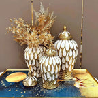 Geometric Transverse Fringe Golden Ginger Jar Ceramic Storage Tank General Can Floral Arrangement Accessories Home Decoration - Grand Goldman