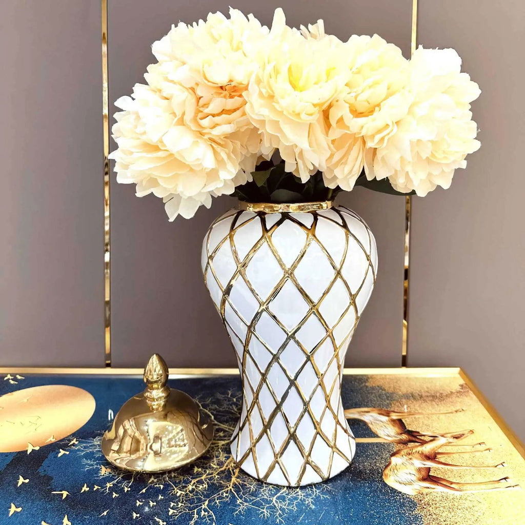 Geometry Gold Diamond Check General Can Ceramic Ginger Jar Flower Vase Porcelain Craftwork Sealed Storage Tank Home Decoration - Grand Goldman