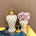 Geometry Gold Diamond Check General Can Ceramic Ginger Jar Flower Vase Porcelain Craftwork Sealed Storage Tank Home Decoration - Grand Goldman
