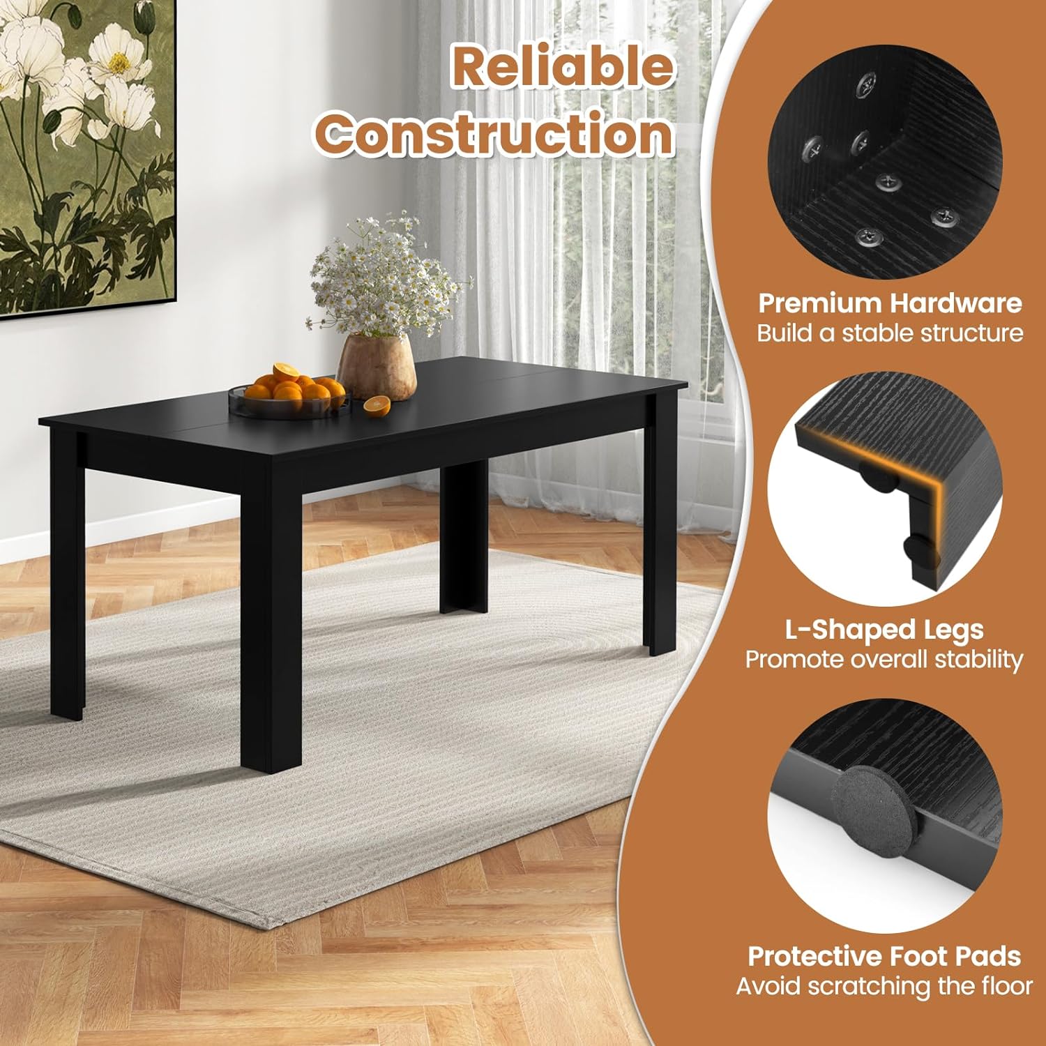 Giantex Dining Table for 6, Wood Rectangular Table, 63" L x 31.5" W x 30" H Large Farmhouse Center Table, Home Furniture Kitchen Table, Modern Dining Room Table, Supporting for 330LBS, Black - Grand Goldman