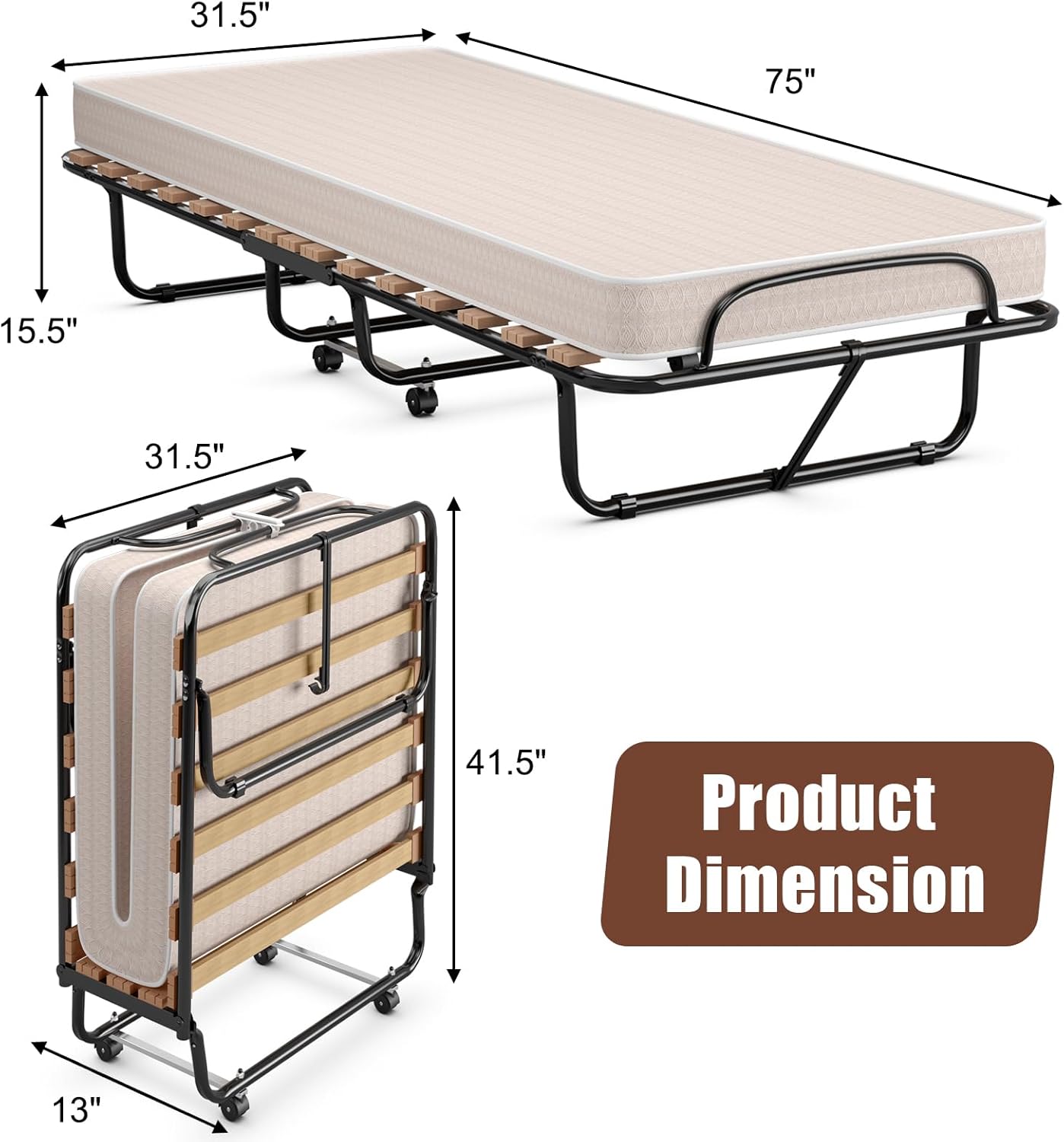 Giantex Folding Bed with Mattress for Adults, Cot Size Rollaway Bed for Guest, Portable Foldable Bed w/ Memory Foam Mattress & Wood Slats, Fold Up Bed for Easy Storage, Made in Italy, 75"x 31" - Grand Goldman