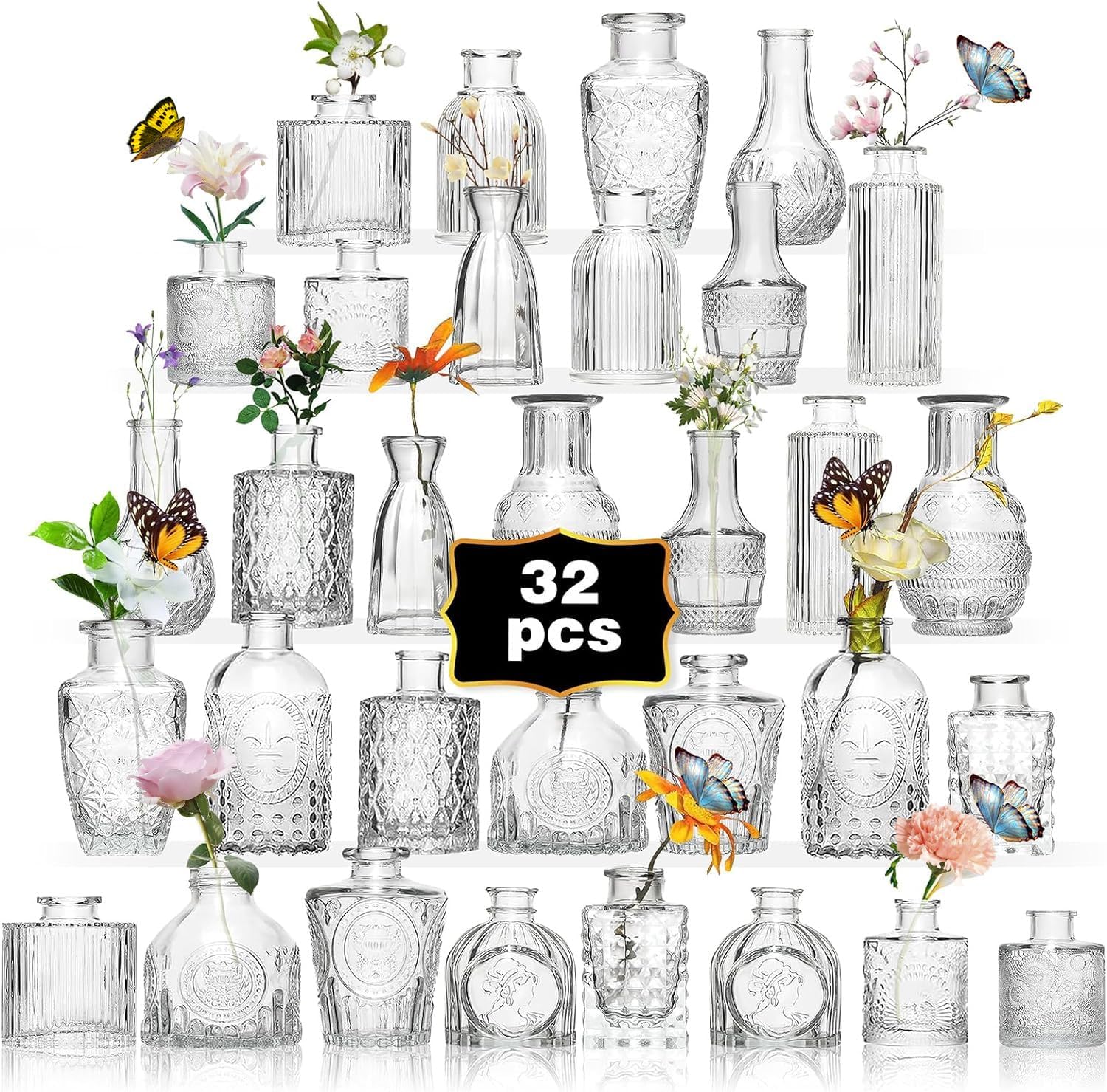 Glass Bud Vase Set of 32PCS Wedding Centerpieces for Tables,Mini Clear Bud Vases for Flowers,Small Flower Vases Suitable for Birthday Party,Anniversary,Wedding,Baby Shower (Clear, 32PCS) - Grand Goldman