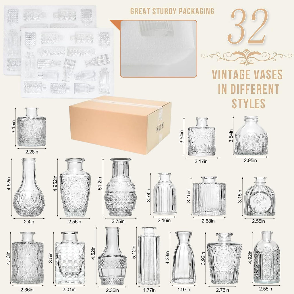 Glass Bud Vase Set of 32PCS Wedding Centerpieces for Tables,Mini Clear Bud Vases for Flowers,Small Flower Vases Suitable for Birthday Party,Anniversary,Wedding,Baby Shower (Clear, 32PCS) - Grand Goldman