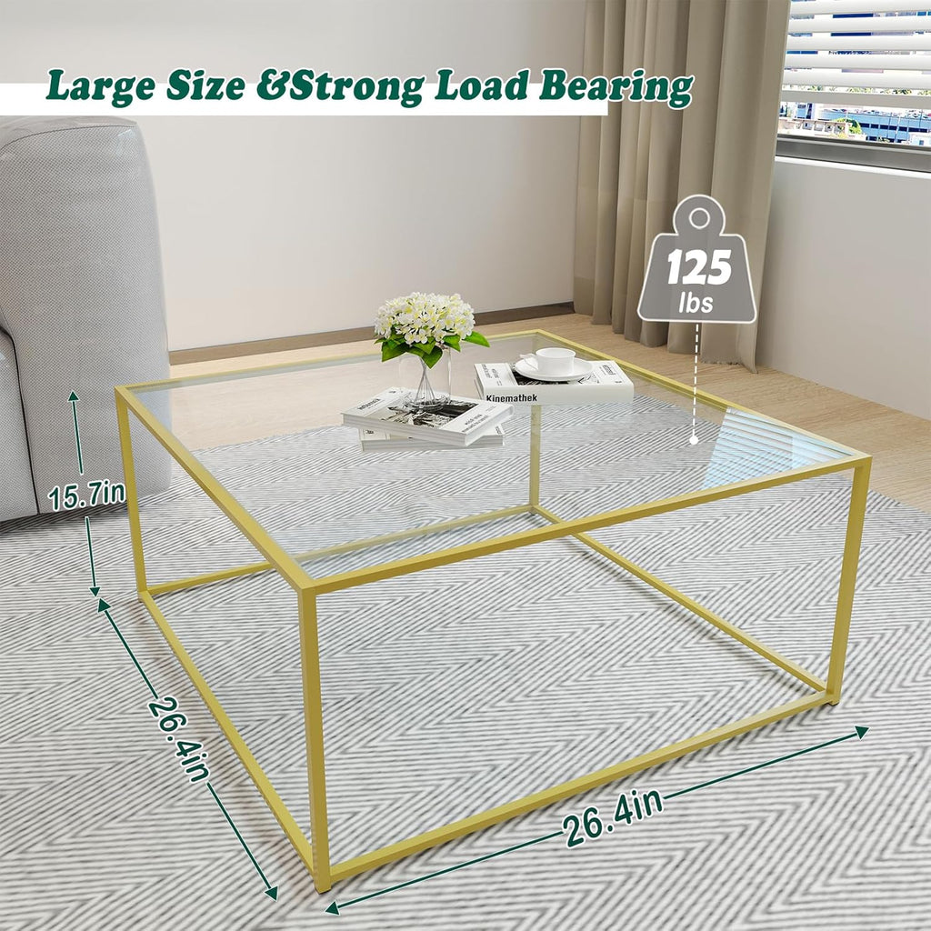 Glass Coffee Table Modern Center Table,Minimalist Coffee Table Sofa Side Tea Table for Living Room,Tempered Glass-top with Sturdy Metal Frame, Easy Assembly,26.4 x 26.4 x 15.7 Inches, Gold - Grand Goldman