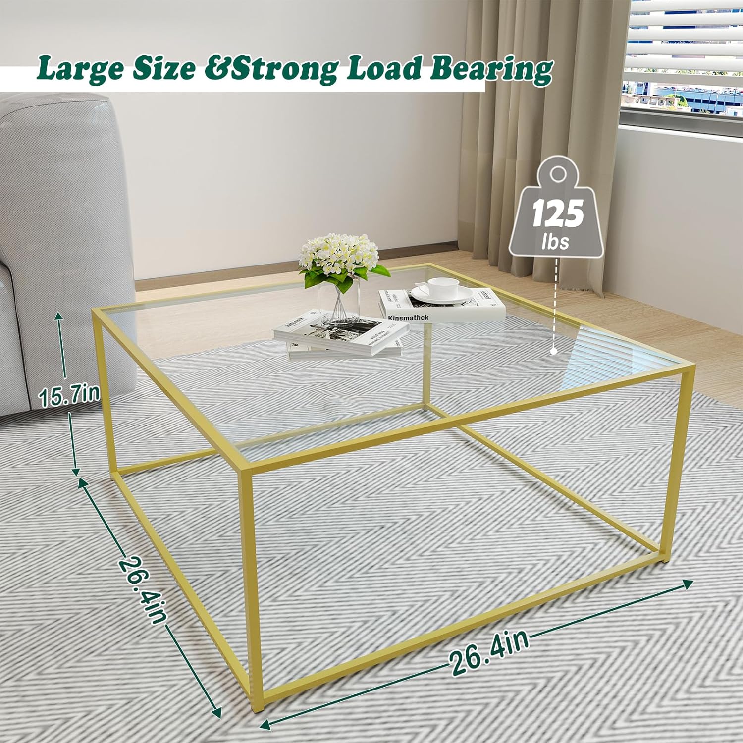 Glass Coffee Table Modern Center Table,Minimalist Coffee Table Sofa Side Tea Table for Living Room,Tempered Glass-top with Sturdy Metal Frame, Easy Assembly,26.4 x 26.4 x 15.7 Inches, Gold - Grand Goldman
