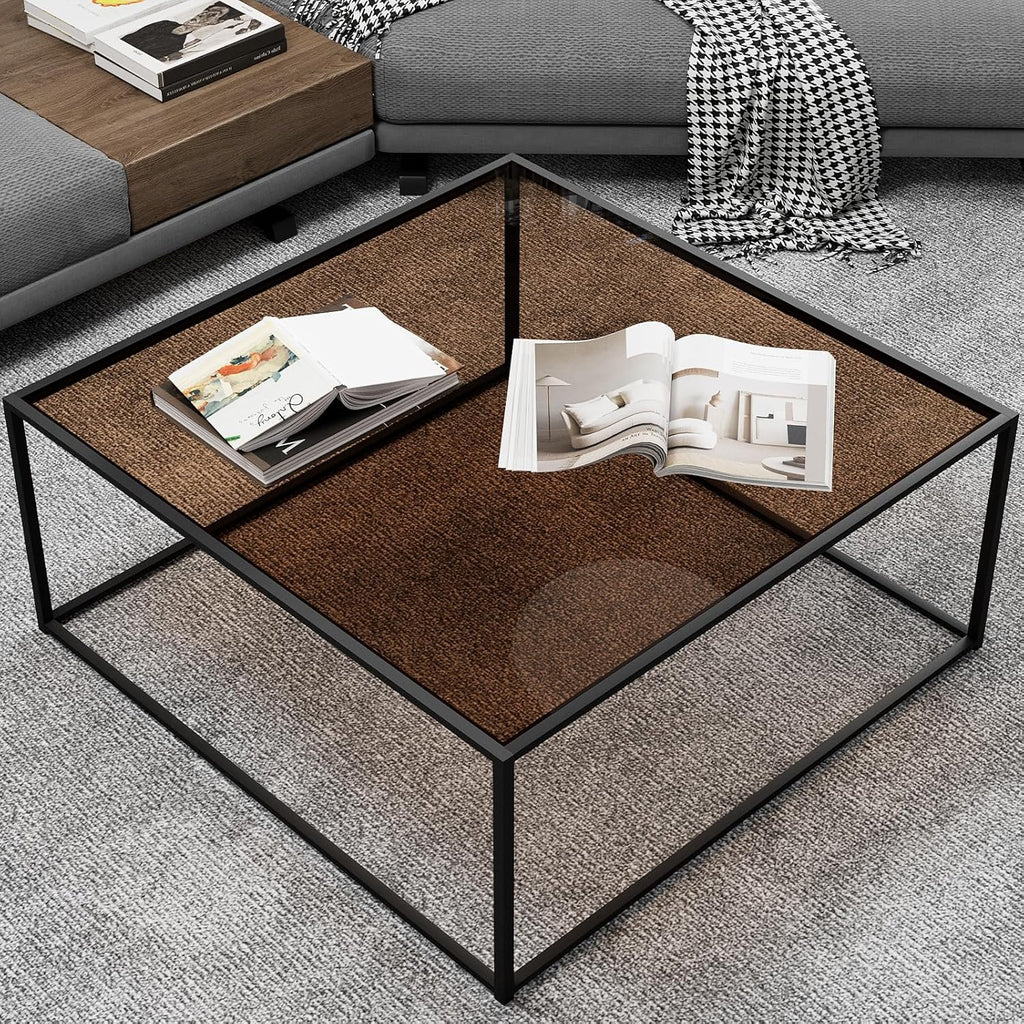 Glass Coffee Table Modern Center Table,Minimalist Coffee Table Sofa Side Tea Table for Living Room,Tempered Glass-top with Sturdy Metal Frame, Easy Assembly,26.4 x 26.4 x 15.7 Inches, Gold - Grand Goldman