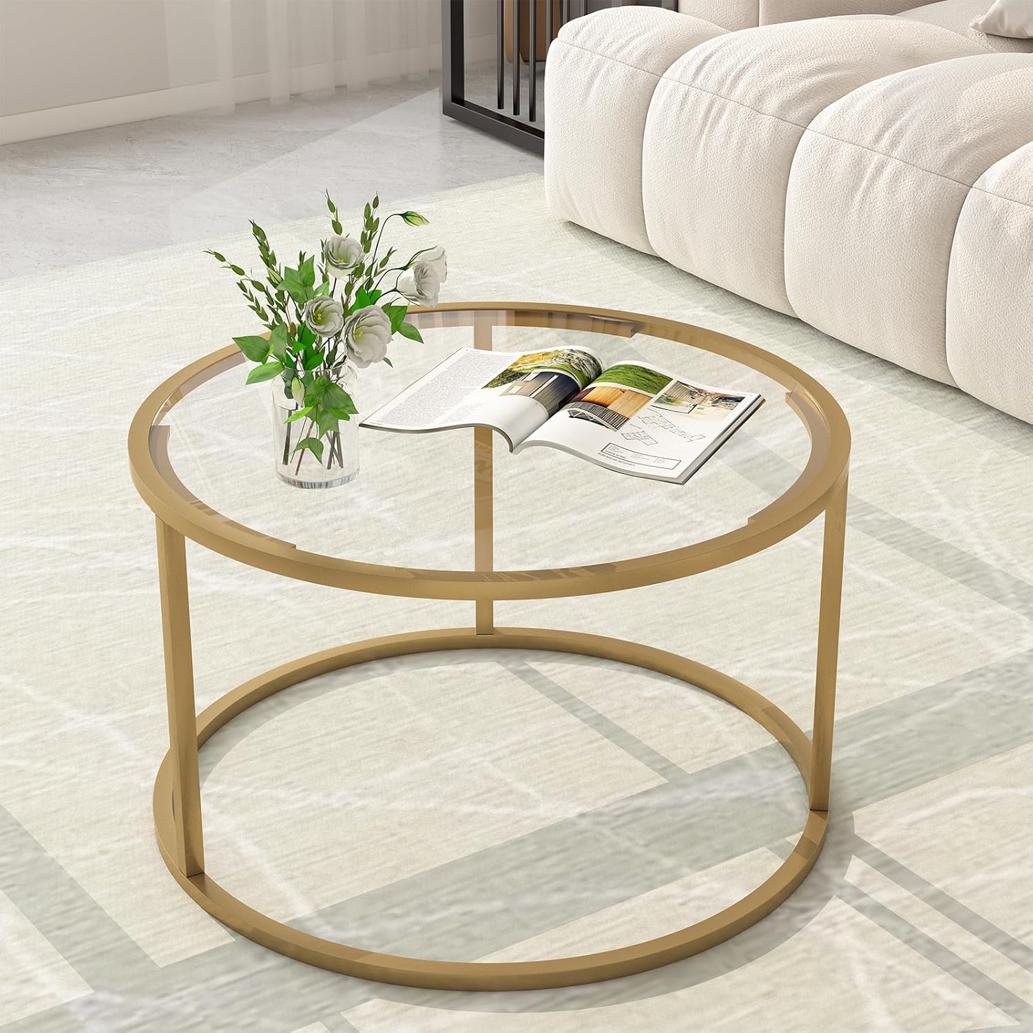 Glass Coffee Table Modern Center Table,Minimalist Coffee Table Sofa Side Tea Table for Living Room,Tempered Glass-top with Sturdy Metal Frame, Easy Assembly,26.4 x 26.4 x 15.7 Inches, Gold - Grand Goldman