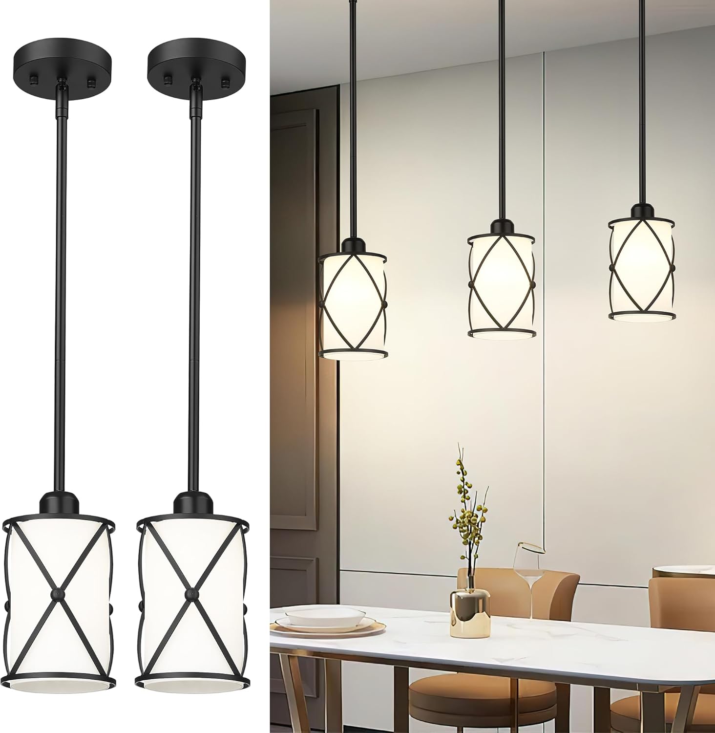 Glass Pendant Lights Kitchen Island 3 Pack, Black Kitchen Pendant Lighting Over Island with Rod, Modern Mini Hanging Light for Kitchen Sink Dining Room, CH9176BK-3PK - Grand Goldman