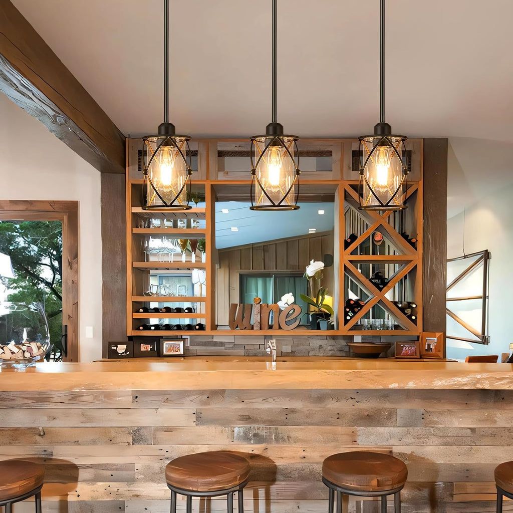 Glass Pendant Lights Kitchen Island 3 Pack, Black Kitchen Pendant Lighting Over Island with Rod, Modern Mini Hanging Light for Kitchen Sink Dining Room, CH9176BK-3PK - Grand Goldman