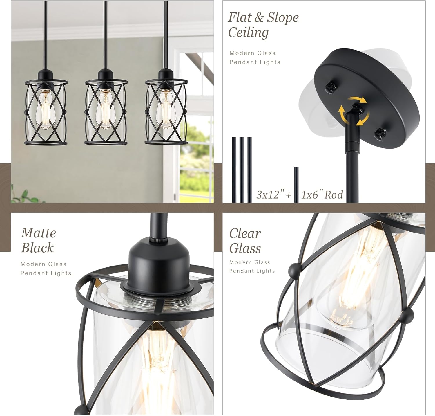 Glass Pendant Lights Kitchen Island 3 Pack, Black Kitchen Pendant Lighting Over Island with Rod, Modern Mini Hanging Light for Kitchen Sink Dining Room, CH9176BK-3PK - Grand Goldman