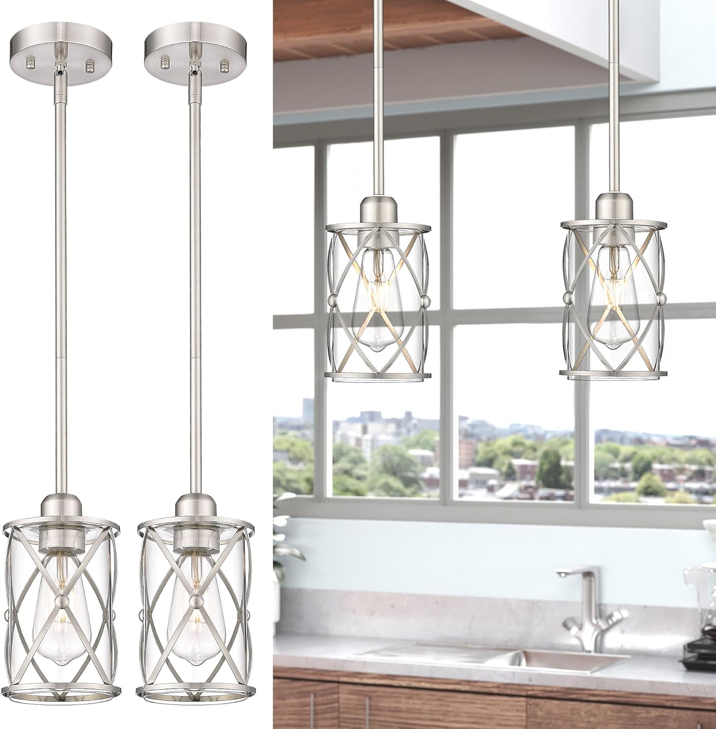 Glass Pendant Lights Kitchen Island 3 Pack, Black Kitchen Pendant Lighting Over Island with Rod, Modern Mini Hanging Light for Kitchen Sink Dining Room, CH9176BK-3PK - Grand Goldman