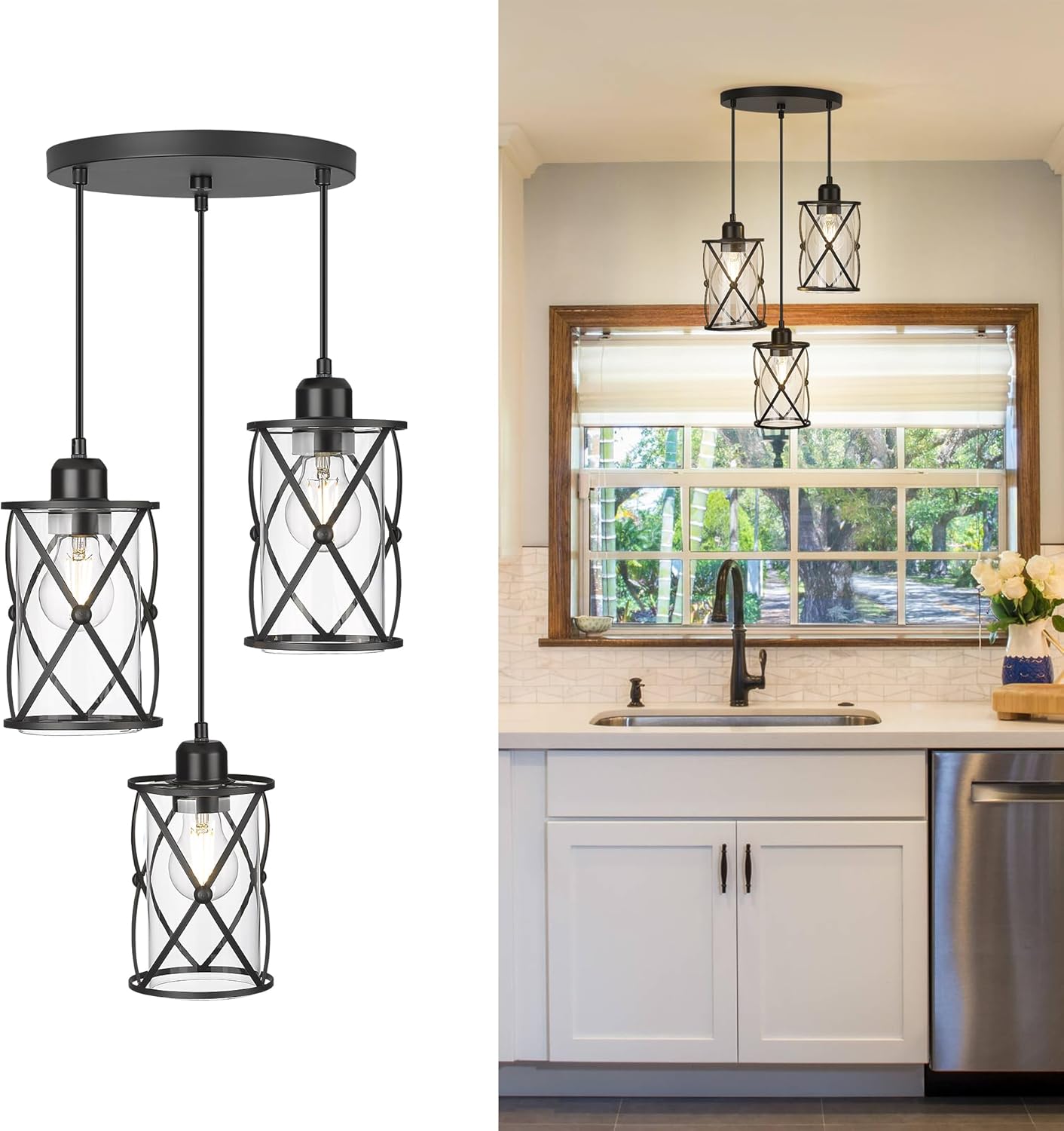 Glass Pendant Lights Kitchen Island 3 Pack, Black Kitchen Pendant Lighting Over Island with Rod, Modern Mini Hanging Light for Kitchen Sink Dining Room, CH9176BK-3PK - Grand Goldman