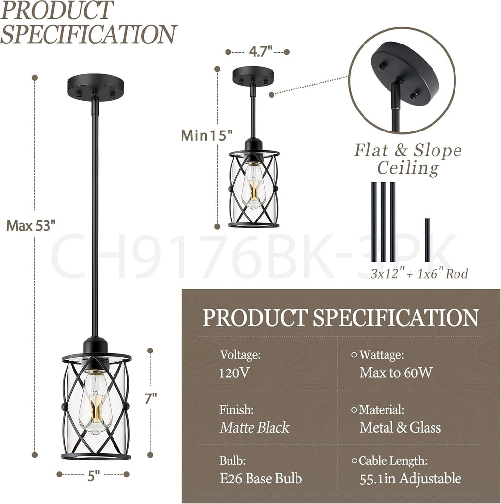 Glass Pendant Lights Kitchen Island 3 Pack, Black Kitchen Pendant Lighting Over Island with Rod, Modern Mini Hanging Light for Kitchen Sink Dining Room, CH9176BK-3PK - Grand Goldman