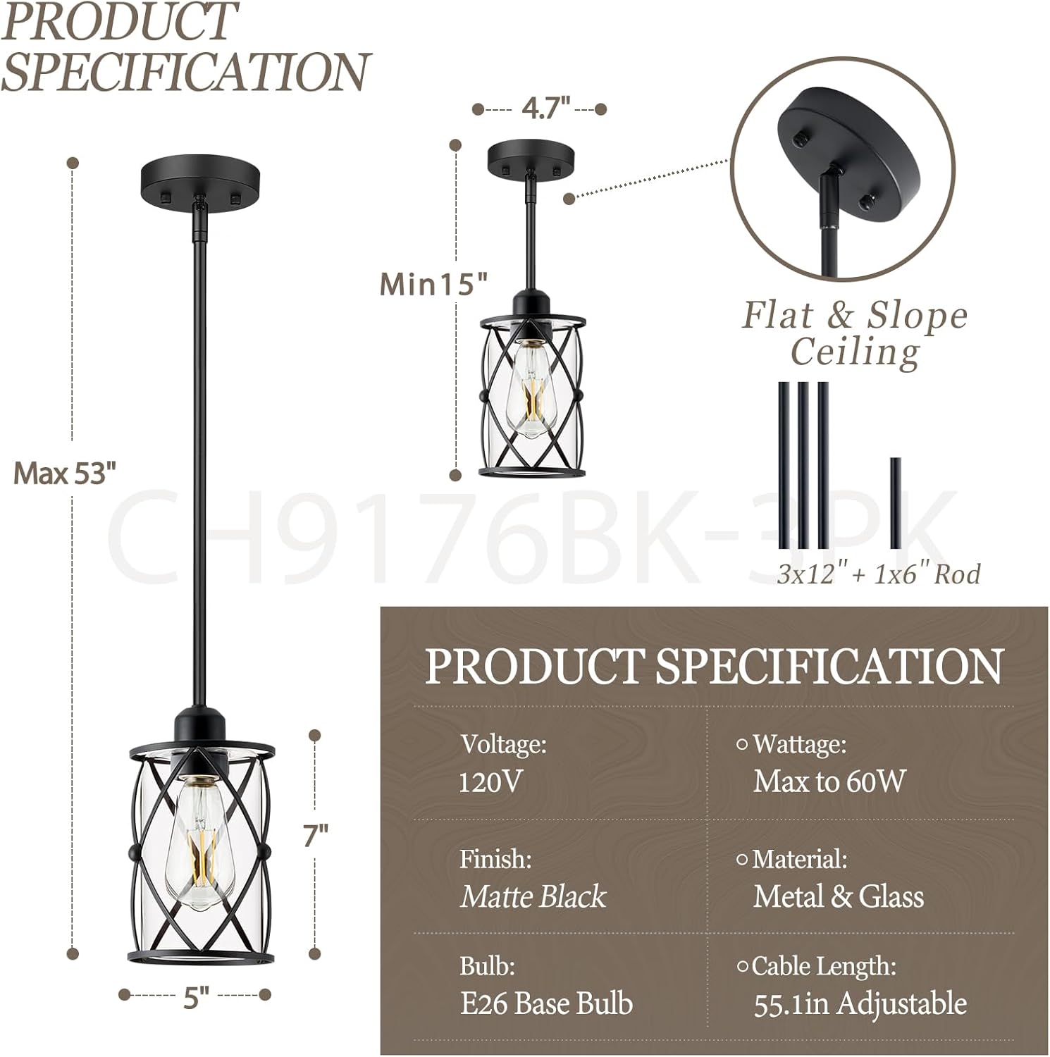 Glass Pendant Lights Kitchen Island 3 Pack, Black Kitchen Pendant Lighting Over Island with Rod, Modern Mini Hanging Light for Kitchen Sink Dining Room, CH9176BK-3PK - Grand Goldman