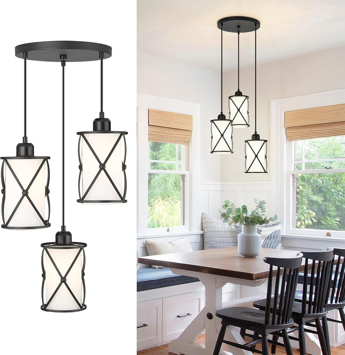 Glass Pendant Lights Kitchen Island 3 Pack, Black Kitchen Pendant Lighting Over Island with Rod, Modern Mini Hanging Light for Kitchen Sink Dining Room, CH9176BK-3PK - Grand Goldman